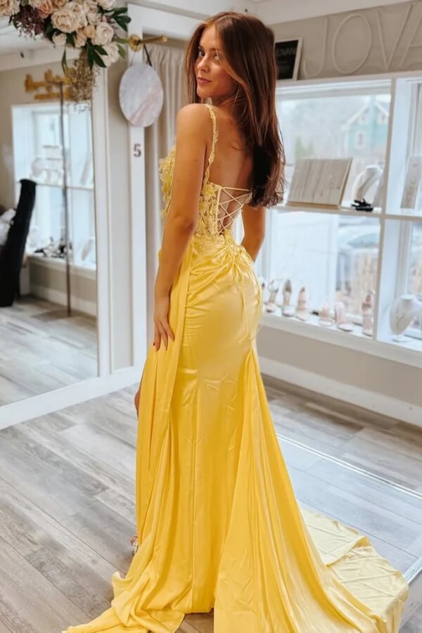 Yellow Sheath V Neck Lace Appliques Long Prom Dresses With Slit, SLP087 image 2
