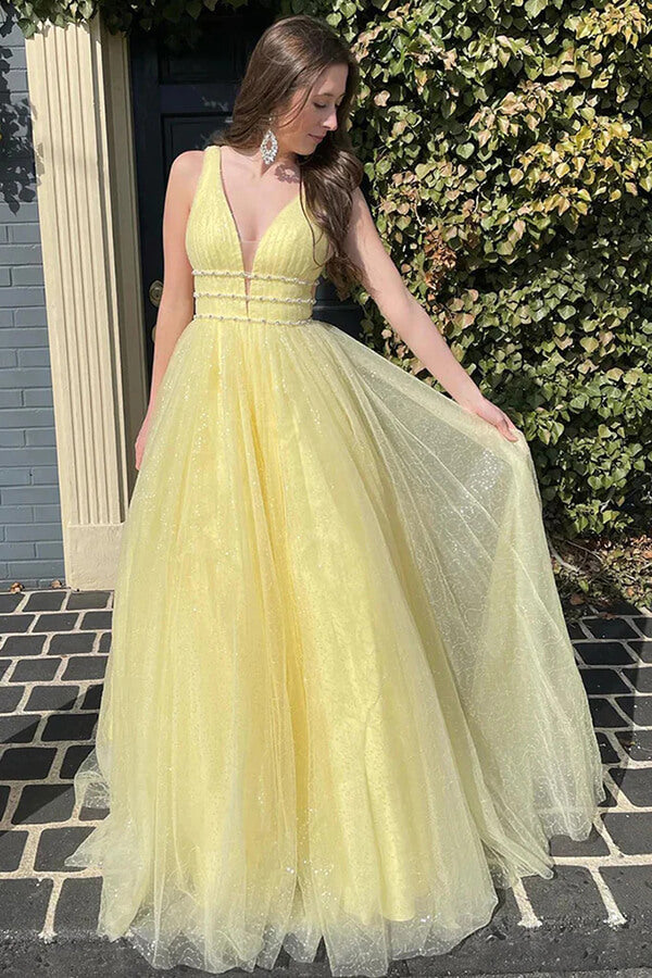 Yellow Shiny Tulle A-line Prom Dresses With Beading, Evening Dresses, SP995 | cheap long prom dress | sparkly prom dress | long formal dress | simidress.com