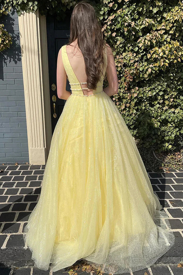 Yellow Shiny Tulle A-line Prom Dresses With Beading, Evening Dresses, SP995 | yellow prom dress | long formal dresses | evening gown | simidress.com