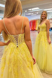 Yellow Tulle A-line Spaghetti Straps Lace Appliques Long Prom Dresses, SP991 | lace prom dress | evening gown | long formal dress | simidress.com