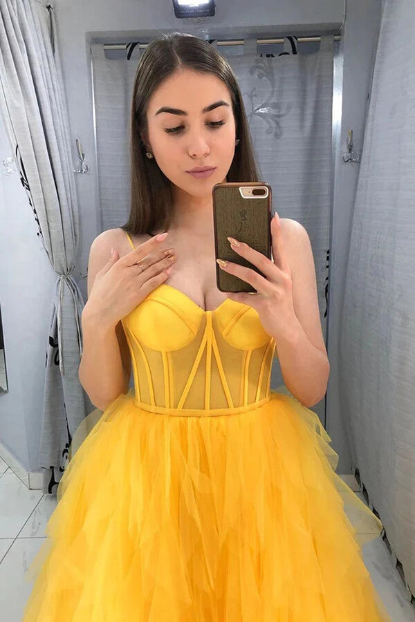 Yellow Tulle A-line Spaghetti Straps Sweetheart Prom Dresses Party Dress, SP970 | cheap long prom dresses | evening gown | prom dresses for teens | simidress.com