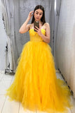 Yellow Tulle A-line Spaghetti Straps Sweetheart Prom Dresses Party Dress, SP970