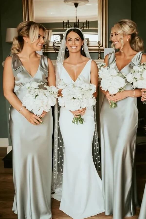 Sage Green Satin Sheath V-neck Long Bridesmaid Dresses With Bow, BD141 | green bridesmaid dress | cheap bridesmaid dress | junior bridesmaid dress | simidress.com