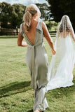 Sage Green Satin Sheath V-neck Long Bridesmaid Dresses With Bow, BD141 | budget bridesmaid dresses | mother of the bride's dress | bridesmaid outfit | simidress.com
