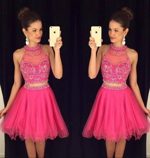 Hot Pink Halter Homecoming Dresses,Two Pieces Beaded Short Prom Dresses,M55