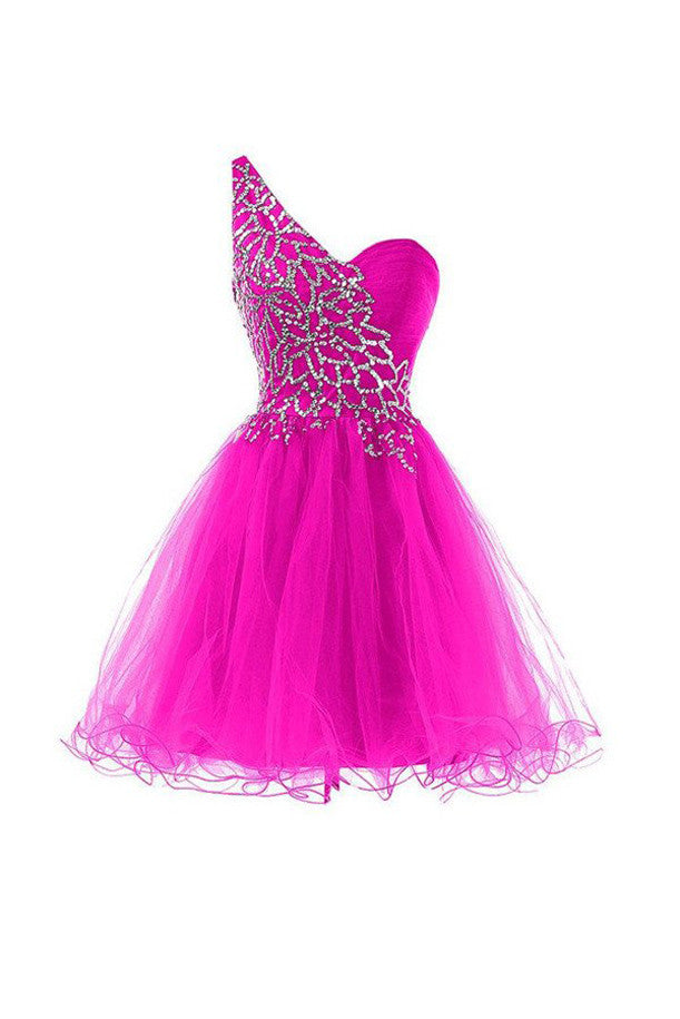 Tulle  One Shoulder Homecoming Dresses, Short Prom Dresses With Beading,SH063