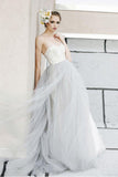 White A-line Lace Grey Tulle Strapless Sweetheart Neck Wedding Dresses, SW21