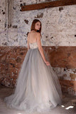 White A-line Lace Grey Tulle Strapless Sweetheart Neck Wedding Dresses, SW21