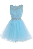 Blue Zipper-up Scoop Short Tulle Homecoming Dresses, Short Prom Dresses,SVD1564