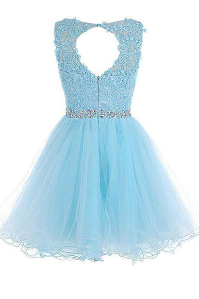 Blue Zipper-up Scoop Short Tulle Homecoming Dresses, Short Prom Dresses,SVD1564