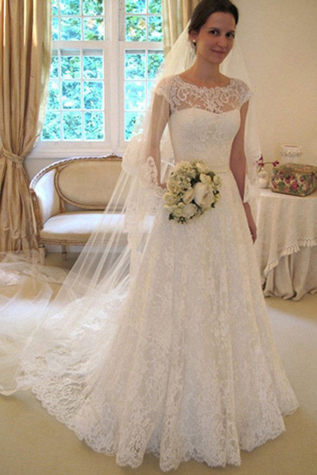Cap Sleeve Lace A Line Wedding Dresses,Long Wedding Gowns,Affordable Bridal Dress,SVD504