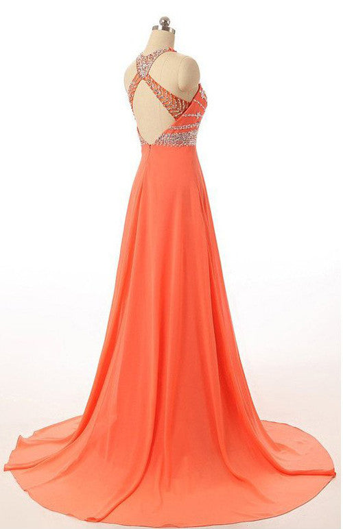 Orange Long Prom Dresses, Chiffon Open Back Prom Gowns With Beading – Simidress Orange Long Prom Dresses, Chiffon Open Back Prom Gowns With Beading – Simidress