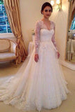 A-line Long Sleeves Court Train Wedding Dresses, V-neck Wedding Gowns With Appliques, MW31