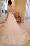 A-line Long Sleeves Court Train Wedding Dresses, V-neck Wedding Gowns With Appliques, MW31