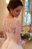 A-line Long Sleeves Court Train Wedding Dresses, V-neck Wedding Gowns With Appliques, MW31