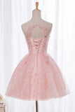 Pink Sleeveless Appliques Beading Homecoming Dress,Keyhole Back Short Prom Dress, SH252