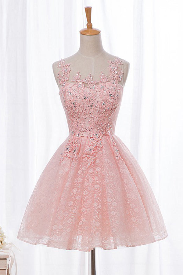 Pink Sleeveless Appliques Beading Homecoming Dress,Keyhole Back Short Prom Dress
