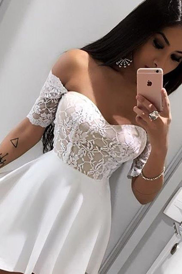 White Off Shoulder Homecoming Dress,Short Sleeve Appliques Short Prom Dress