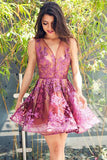 Deep V Neck Homecoming Dress,Sleeveless Lace Appliques Short Prom Dress