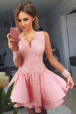 Pink Long Sheer Sleeve Homecoming Dress,V Neck Appliques Short Prom Dress,