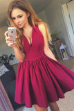 Burgundy Deep V Neck Homecoming Dress,Sleeveless Short Prom Dress