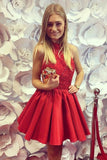 Red Halter Open Back Homecoming Dress,Appliques Beading Short Prom Dress, SH246