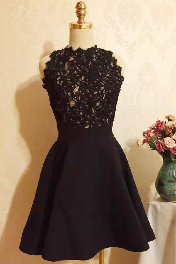 Black Halter Strapless Homecoming Dress,Appliques Short Prom Dress