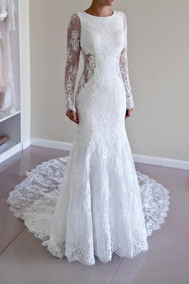 Lace Long Sleeve Backless Mermaid Wedding Dresses,Long Wedding Gowns,Bridal Dress,SVD505