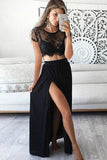 Two Pieces Short Prom Dresses, Sleeve Sexy Side Slit Black Lace Long Prom Gowns, M45