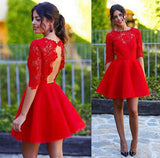Red Homecoming Dress,Sexy Long sleeve Backless lace homecoming prom dresses,SVD552