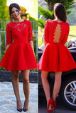 Red Homecoming Dress,Sexy Long sleeve Backless lace homecoming prom dresses,SVD552