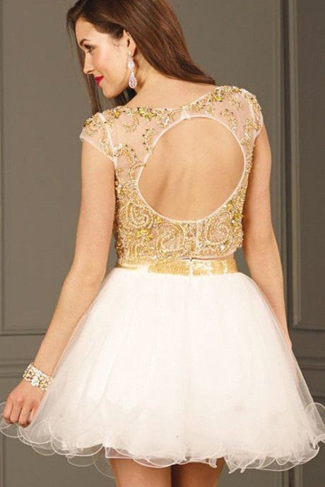 Decent 2 Piece Homecoming Dress,Cap Sleeves Crystals Homecoming Dresses,SVD556