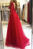 A-line Black Tulle Bateau Lace 3/4 Sleeves Prom Dresses, Split Evening Gown, SP730 | red prom dress | red lace prom dresses | long formal dresses | www.simidress.com
