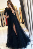 A-line Black Tulle Bateau Lace 3/4 Sleeves Prom Dresses, Split Evening Gown, SP730 | black prom dresses | lace prom dress | evening gown | www.simidress.com
