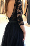 A-line Black Tulle Bateau Lace 3/4 Sleeves Prom Dresses, Split Evening Gown, SP730 | long sleeves prom dresses | party dresses long | black lace prom dresses | www.simidress.com