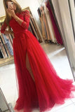 A-line Black Tulle Bateau Lace 3/4 Sleeves Prom Dresses, Split Evening Gown, SP730 | long sleeves red prom dresses | tulle prom dress | a line lace prom dresses | www.simidress.com