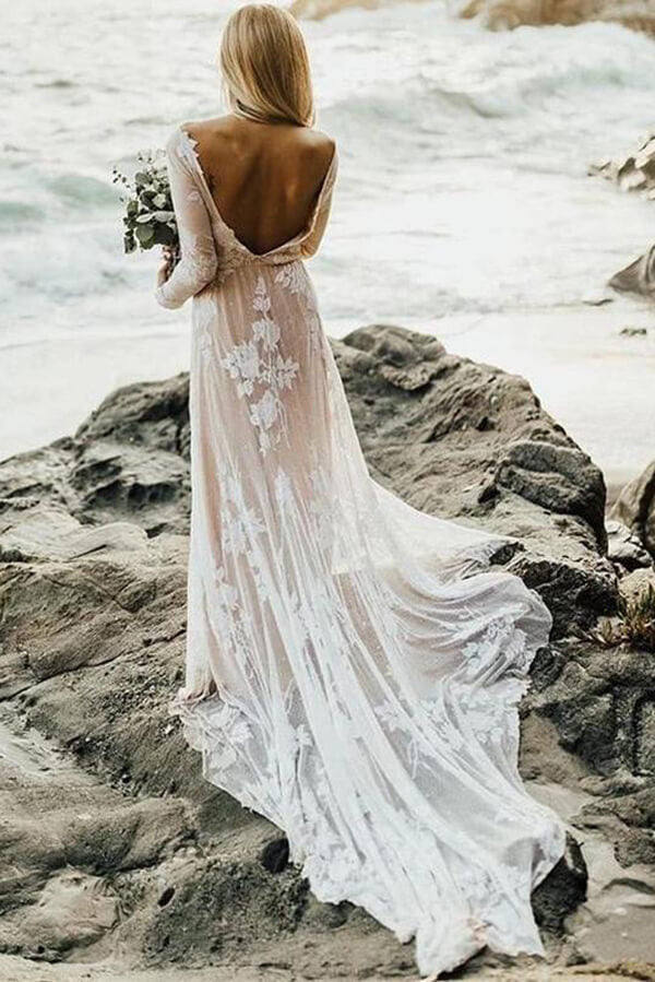 A-line Boho Long Sleeves Backless Lace Wedding Dresses, Bridal Gown, SW425 | long sleeves wedding dresses | beach wedding dresses | wedding dresses | www.simidress.com