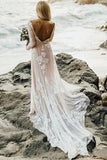 A-line Boho Long Sleeves Backless Lace Wedding Dresses, Bridal Gown, SW425