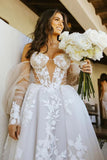 A-line Off Shoulder Long Sleeves Lace Appliques Bohemian Wedding Dress, SW589 | tulle wedding dresses | wedding gowns | bridal styles | simidress.com