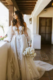 A-line Off Shoulder Long Sleeves Lace Appliques Bohemian Wedding Dress, SW589
