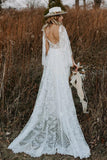 A-line V-neck Backless Lace Boho Wedding Gown, Beach Wedding Dresses, SW538