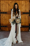 A-line V-neck Long Sleeves Boho Wedding Dresses, Lace Wedding Gowns, SW550 | bohemian wedding dresses | outdoor wedding dresses | cheap wedding gown | simidress.com