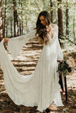 A-line V-neck Long Sleeves Boho Wedding Dresses, Lace Wedding Gowns, SW550