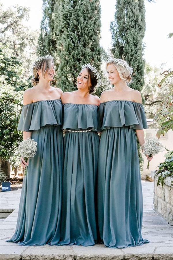 Slate Gray Mismatched Chiffon Off Shoulder Cheap Long Bridesmaid Dress – Simidress