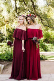 Shop Burgundy Mismatched Chiffon Off Shoulder Cheap Long Bridesmaid Dresses, BD093 at simidress.com