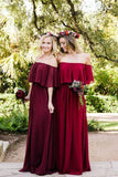 Shop Burgundy Mismatched Chiffon Off Shoulder Cheap Long Bridesmaid Dresses, BD093 at simidress.com