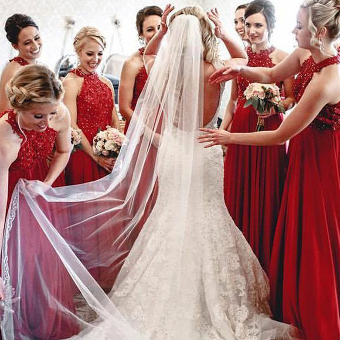 Order Red A-line Sequins Halter Long Bridesmaid Dresses with Appliques, BD095 at www.simidress.com at affordable price