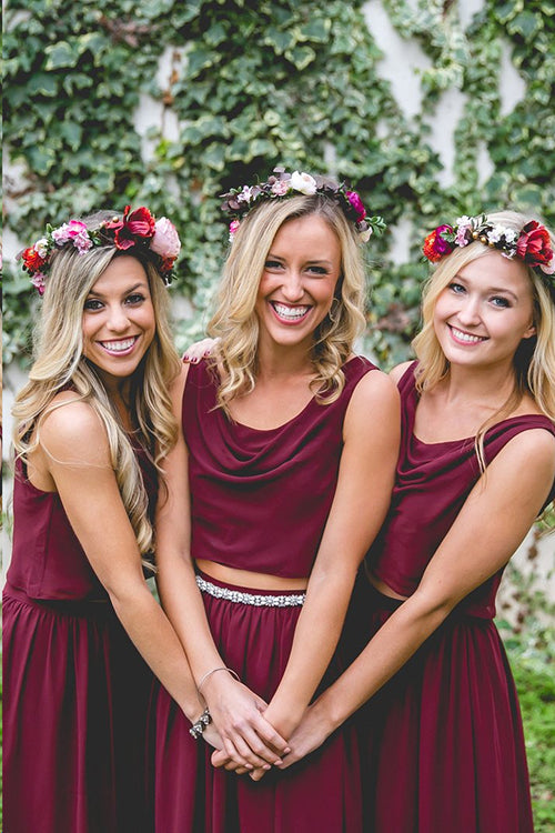 Burgundy Chiffon Two Piece Bohemia Bridesmaid Dress, BD099 | Simidress Burgundy Chiffon Two Piece Bohemia Bridesmaid Dress, BD099 | Simidress