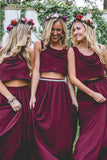 Burgundy Chiffon Two Piece Bohemia A Line Long Bridesmaid Dresses, BD099