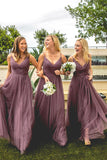 Dusty Purple Tulle A-line Open Back Spaghetti Straps Bridesmaid Dresses, BD100